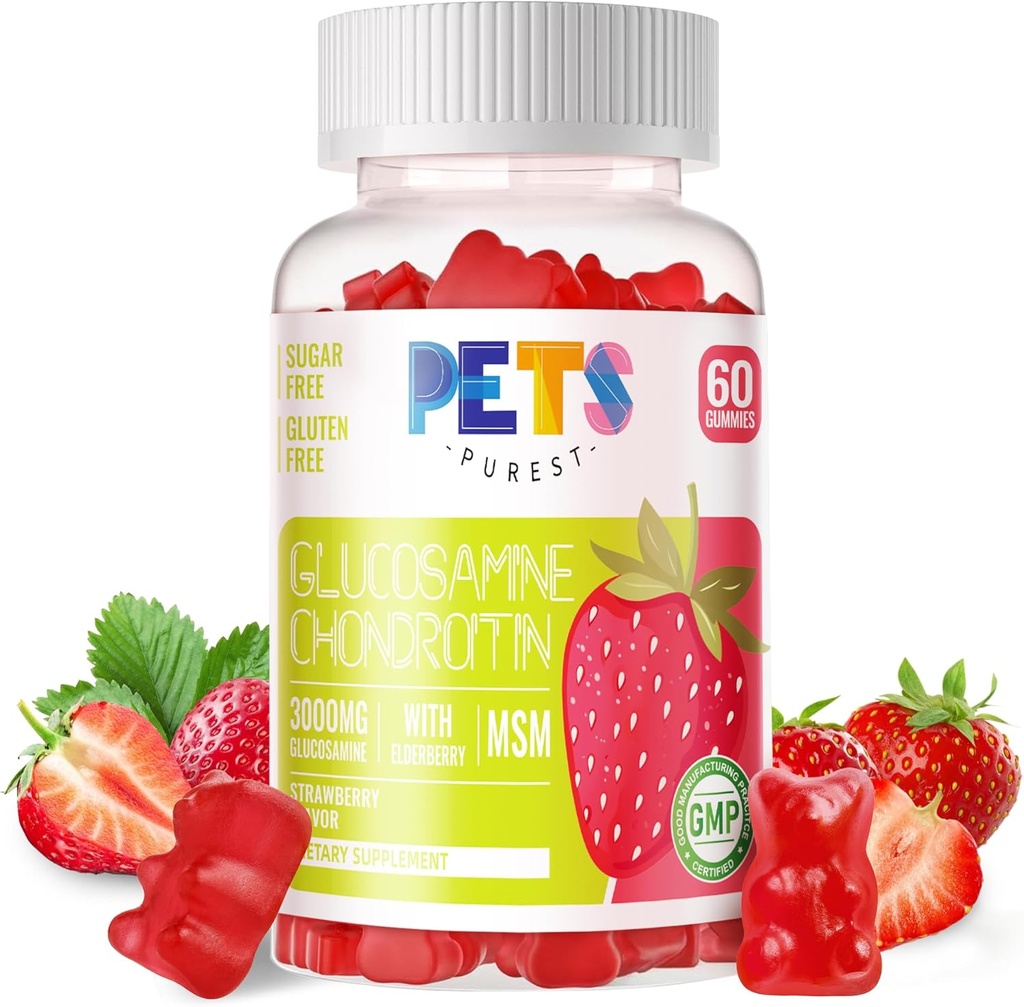 Domáce zvieratá Purest Glukozamín Chondroitín Gummy s extra silou MSM a bazy - spoločná podpora, Antioxidant Immune Suplement pre dospelých, mužov a ženy. jahody