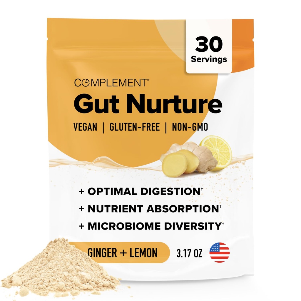 Komplement Gut Nurture Prebiotic + Postbiotic Superfood Powder for Leaky Gut Repair, Probiotiká pre tráviace zdravie - Zázvor Root - 30 Servisov