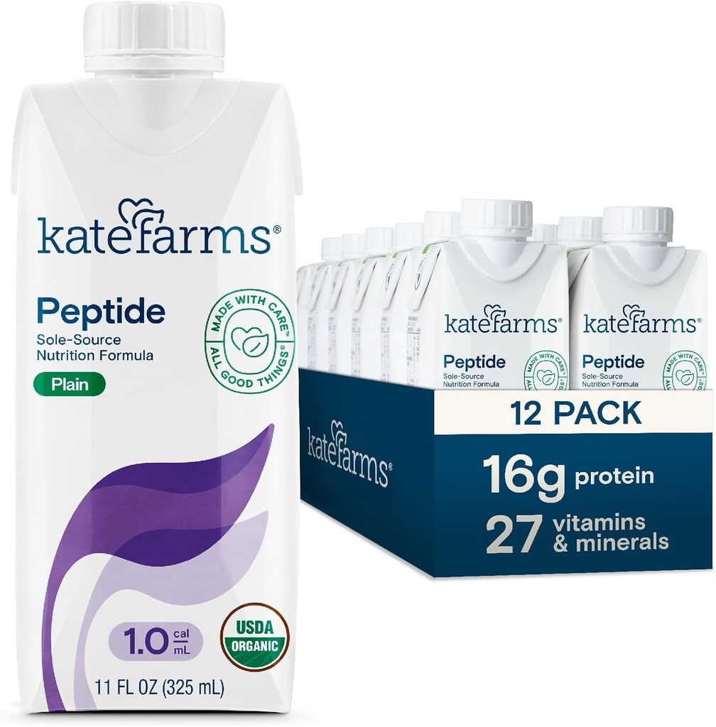 KATE FARMAS Organic Adult Peptide 1.0 Formula, Plain, Sole-Source, Hydrolyzed Plant-Based Nutrition for Oral or Tube Feeding, 11 Fl oz (12 balenie)