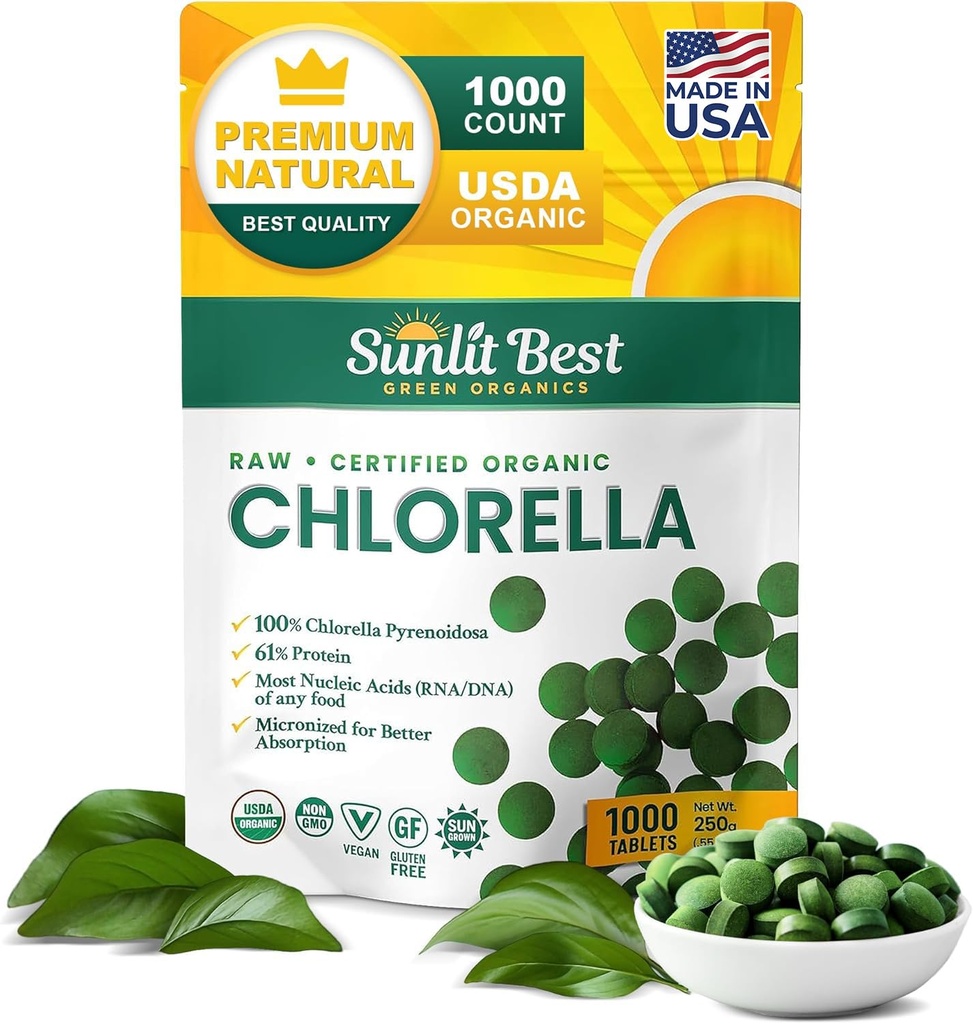 Sunlit Najlepšie USDA Organic Premium Chlórella Tablety 1000 Počet 