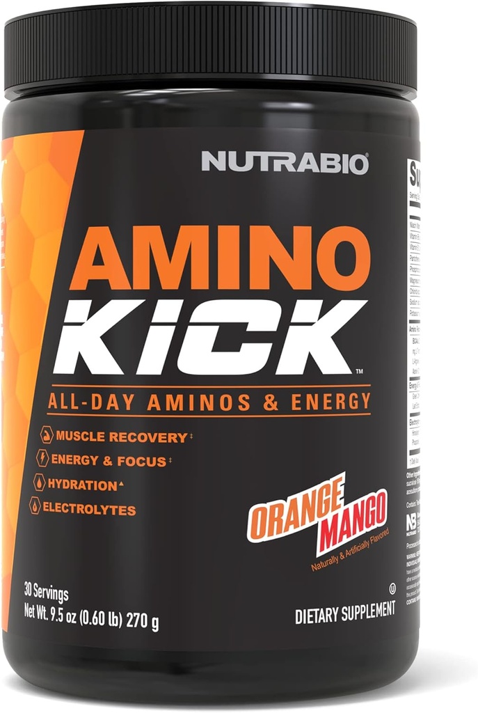 NutraBio Amino Kick BCAA Powder with Natural Caffeine 