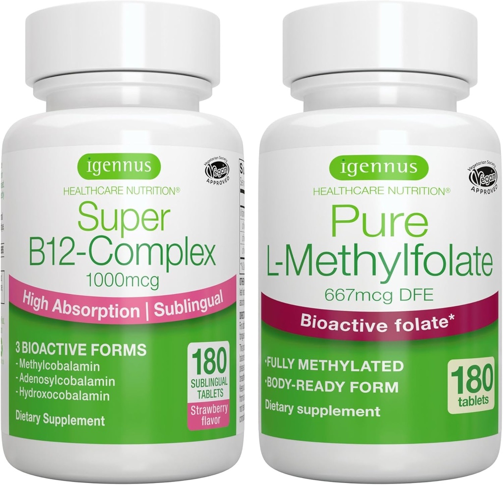 Super B12-Complex 1000mcg + Pure Folát 400mcg Vegan Bundle, Vysoká absorpcia Sublingválny vitamín B12 s metylkobalamínom, adenozylkobalamínom a hydroxokobalamínom + Optimizovaný L-metylfolát, Igennus
