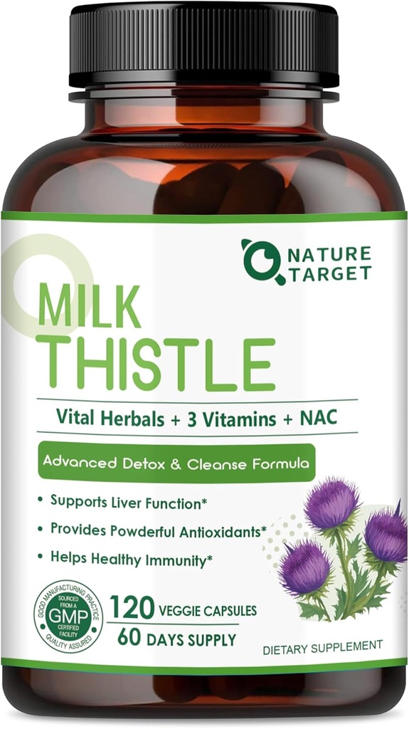Naturature TARGET Milk Thitle Supplement for Liver Clease Detox & Repair, Support Supplement with 350mg of 30:1 Milk Thitle Extract Equivalent to 10500mg, 120 Veggie Capsules (60 dní dodávky)
