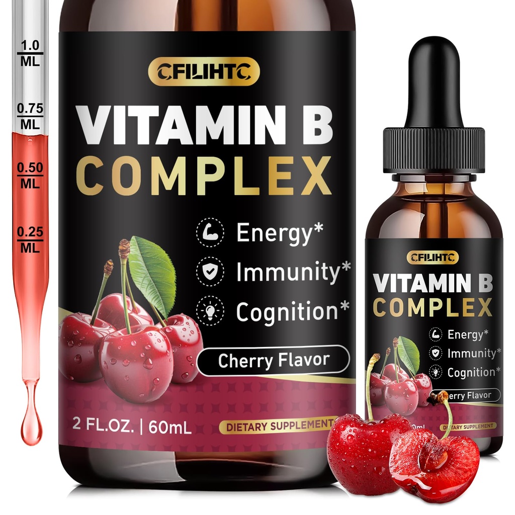 Vitamín B komplex tekuté kvapky, B vitamíny komplex doplnok s B1, B2, B3, B5 B6, B7, B9 a metyl B12 kvapky pre dospelých a deti, Vegan, Cherry chuť