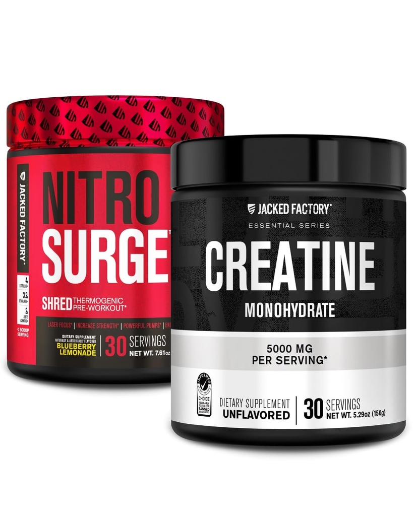 Jacked Factory NITROSURGE Shred pred tréningom doplnok (Čučoriedková citróna, 30 Slúži) a Kreatín monohydrát prášok (nechutný, 30 Služobné)