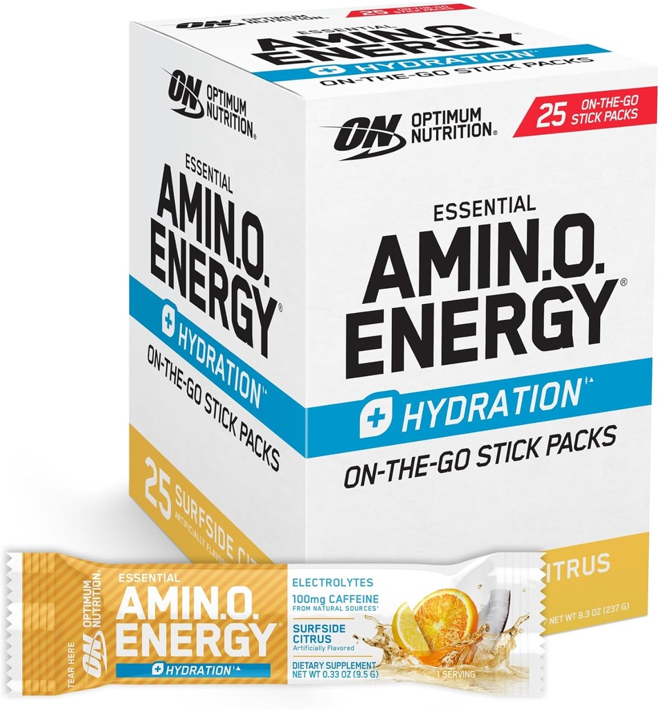 Optimálna výživa Amino Energy Plus hydratačné balíčky, On-The-Go Caffien Stick Balíčky, Surfside Citrus, 25 Počet