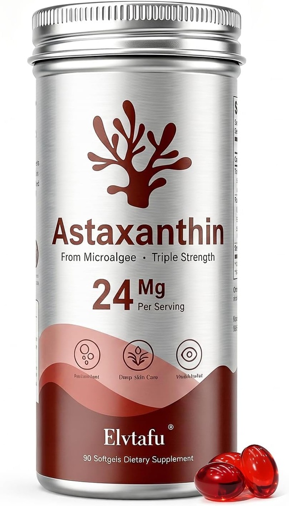 Astaxanthin Supplements 24mg Astaxanthin Softgels,from Microalgae, Triple Strength Astaxantina Antioxidant Wellness Support