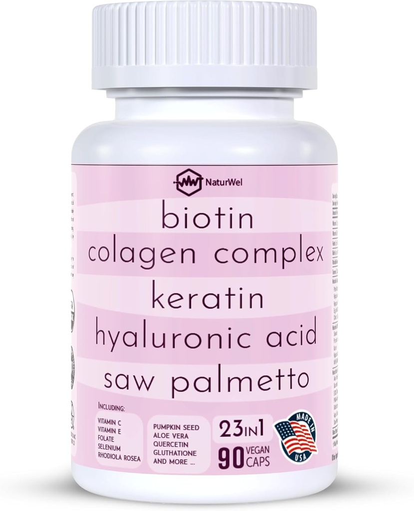 Kolagén 1000mg Rhodiola Rosea 2500mg Biotín 10 000mcg, kyselina hyalurónová, DHT blokátor, vitamín C & E, kyselina listová, Aloe Vera, Quercetin, zelený čaj, keratín, MSM - 90 gróf (90 grófov)