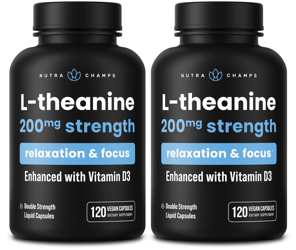 NutraChamps L-Theanine 200 mg kapsuly, Double-Strength L-Theanine Tekutina s vitamínom D3, organický kokosový olej, 120 vegánskych kapsúl (Stock of 2)