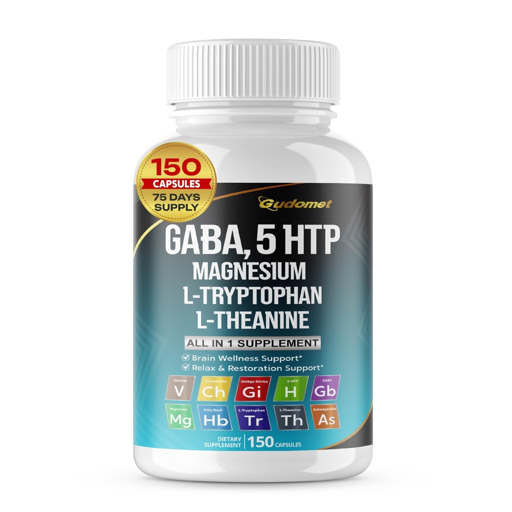 GABA 5-HTP L-Tryptofán L-theanine vitamín D3 vitamín B6 svätý bazalka Valeriána kamiliku Ginkgo Biloba Ginger -150 Kapsule-vyrobené v USA