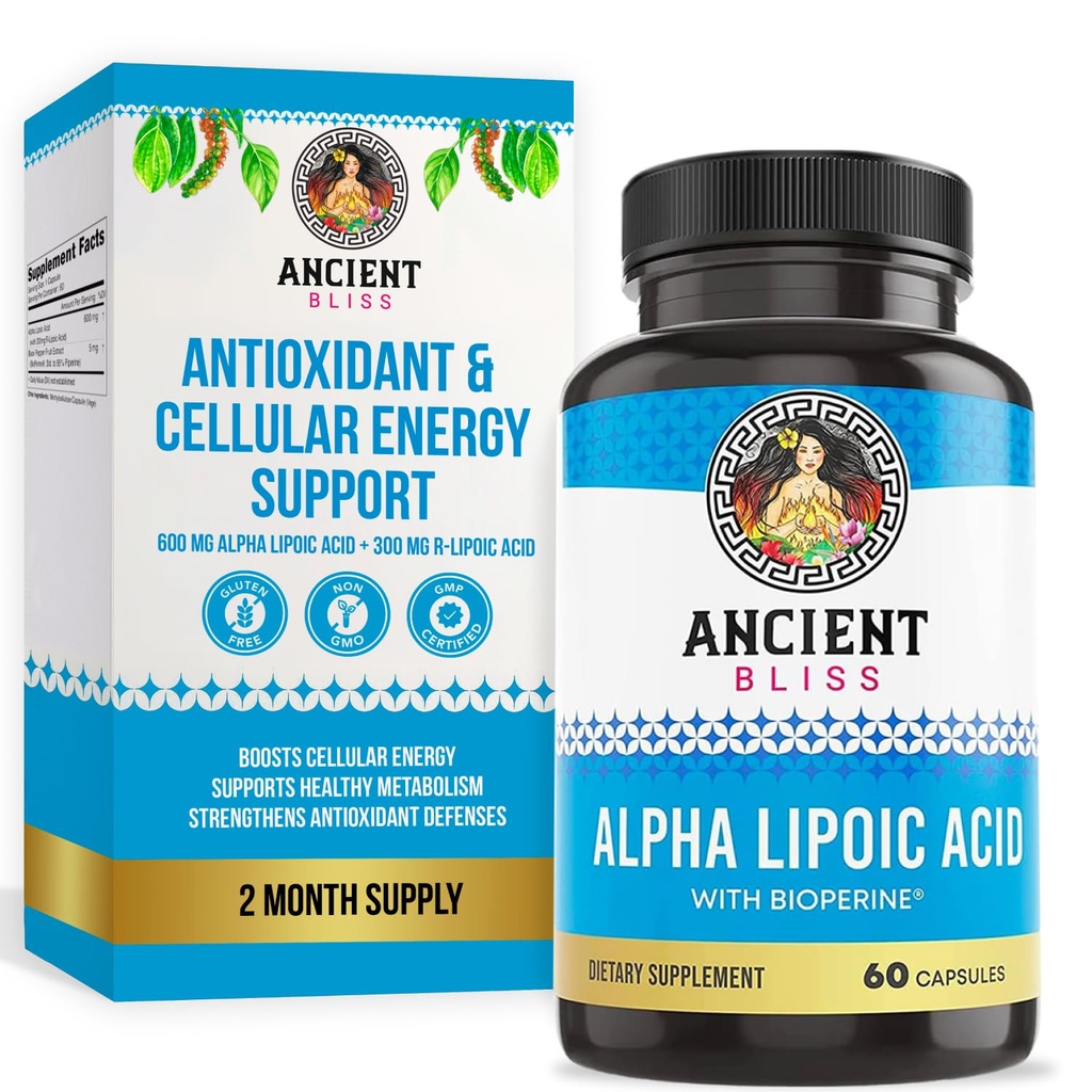 Staroveká Bliss Alpha Lipoic Acid Supplement, Antioxidant a energetická podpora, ALA Supplement with Bioperine, No Gluten and Soy, 600mg per Serving, 60 Vegan Capsulas