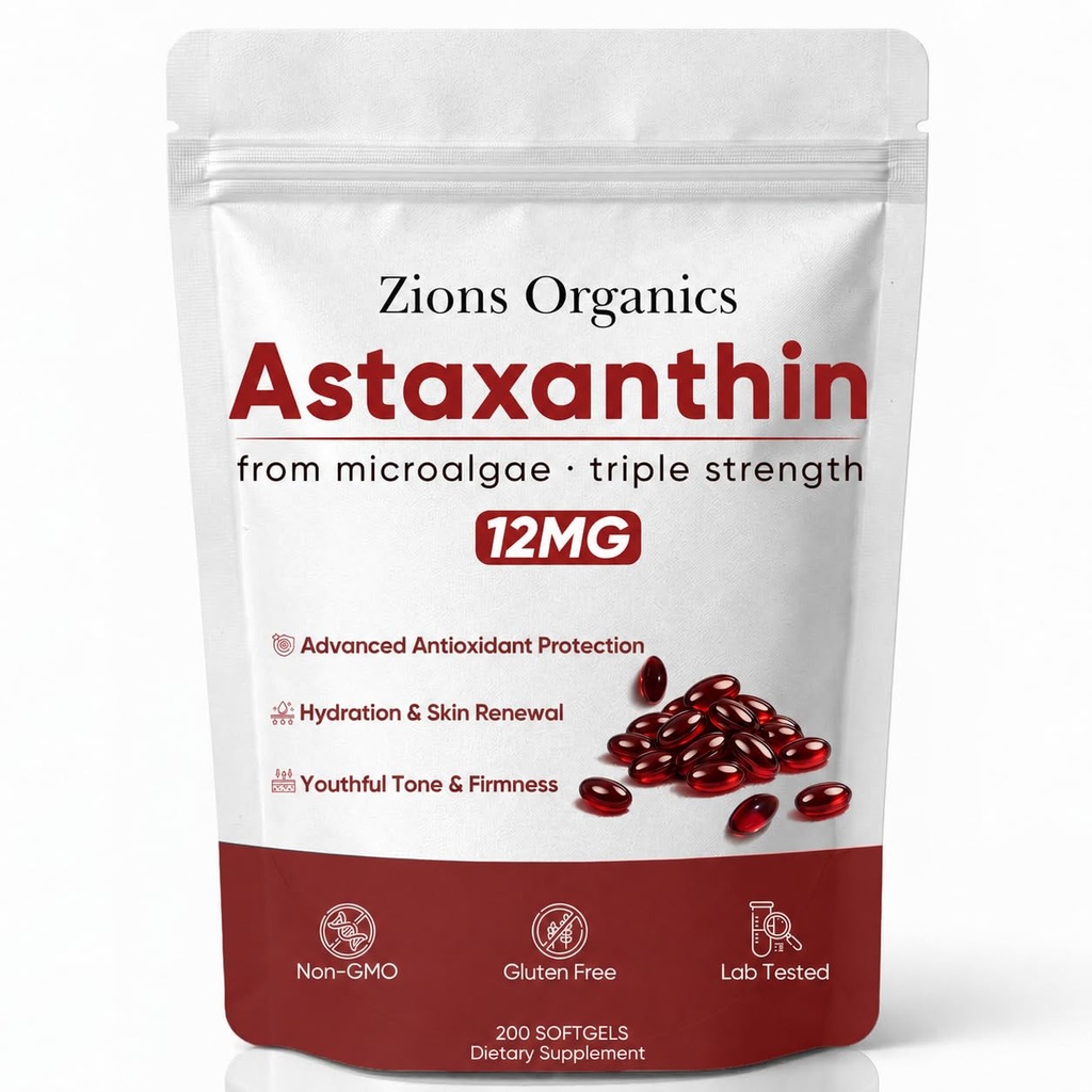 Zions Organics Astaxanthin 12mg Softgels - Premium Astaxanthin Antioxidant Supplements, Triple Strength, Non-GMO, Gluten Free, No Soy, 200 Softgels