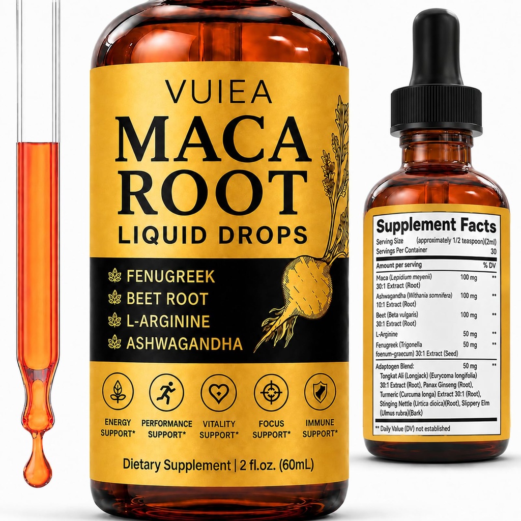 Vuiea Maca Root Drops, 5-in-1 Herbal Liquid Supplement with Ashwagandha