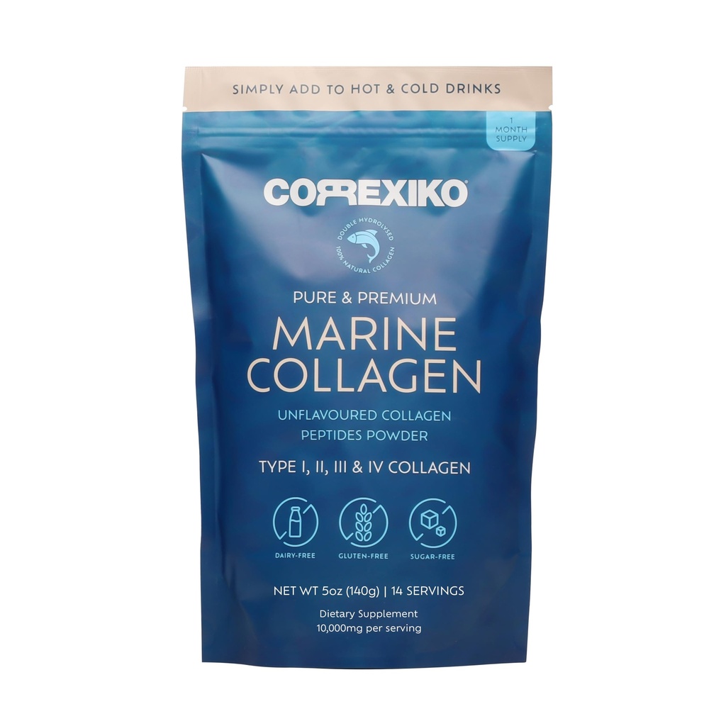 CORREXIKO Marine Collagen Powder Supplement Unflavred - 10 000 mg Double Hydrolyzed Collagen Peptidy per Serving - Formulované pre maximálnu absorpciu - vlasy, koža a nechty - 5oz, 14 Servings