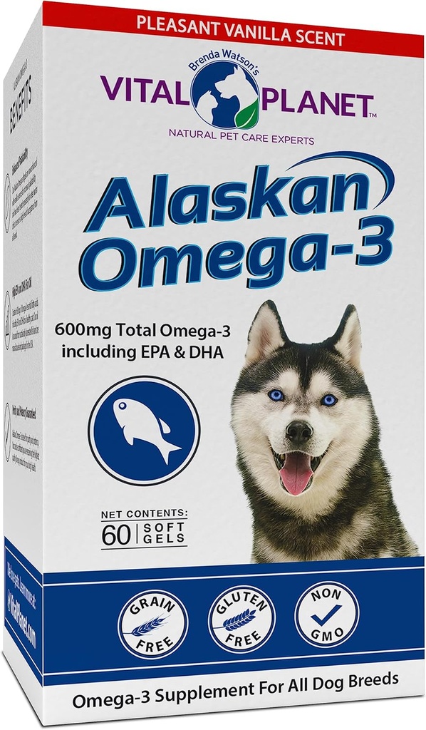 Vital Planet - Aljašský omega-3 rybí olej doplnok pre psy s 600mg Omega-3, vysoký v DHA a EPA z trvalo vylovených voľne žijúcich rýb chytených studenej vody, 60 Vanilla Softgels