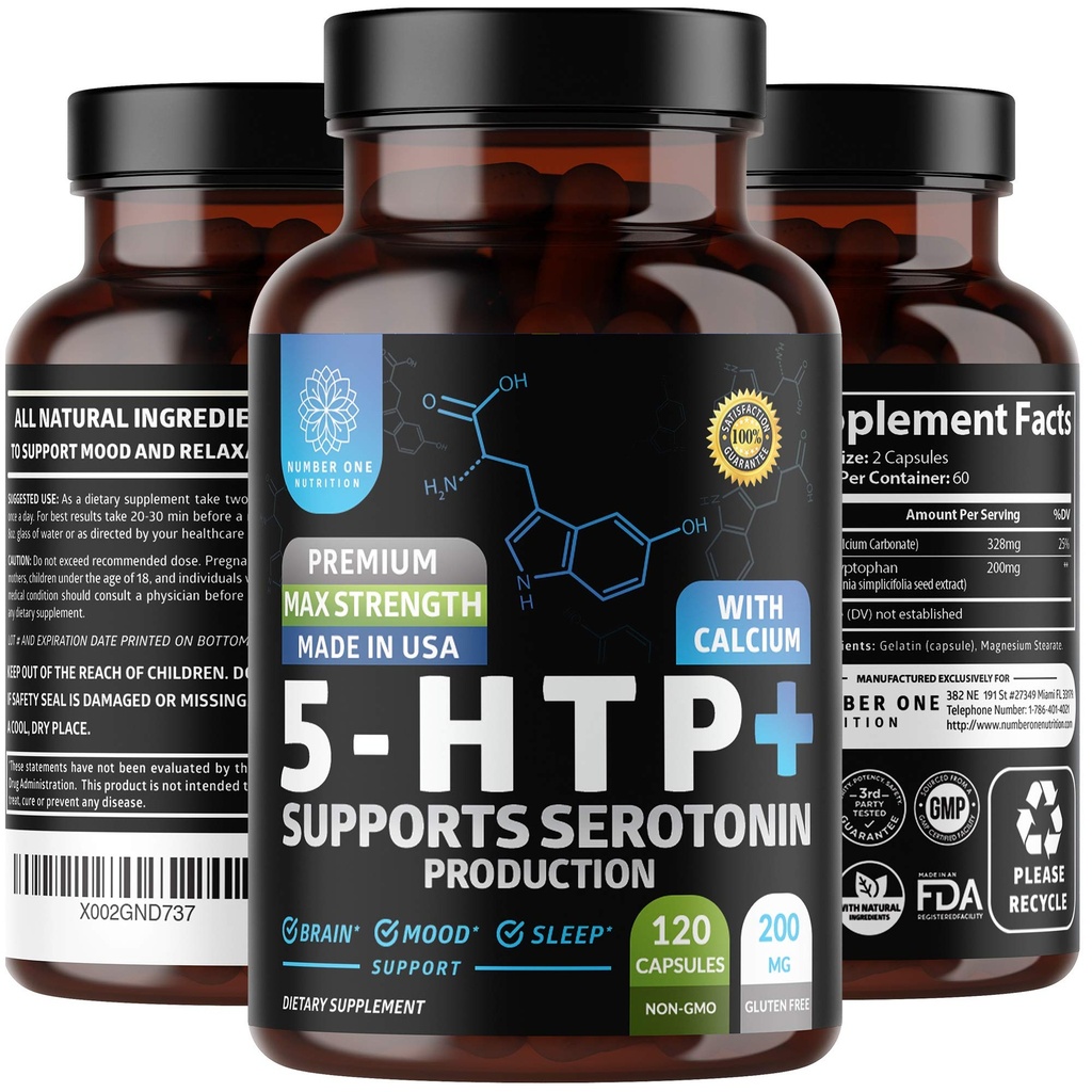 N1N Premium 5-HTP 200mg Plus vápnik, vyrobený z Griffonia Seed Extract, Non GMO a Gluten Free, 120 Caps