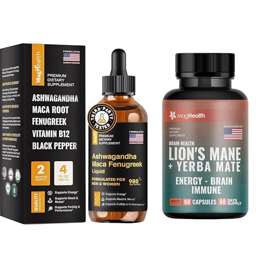 Mind & Body Vitality Kit: Maca Root Liquid Drops with Ashwagandha & Fenugreek + Lion's Mane Nootropic Capsules — 60-Day Supply Each — Vegan, Non-GMO