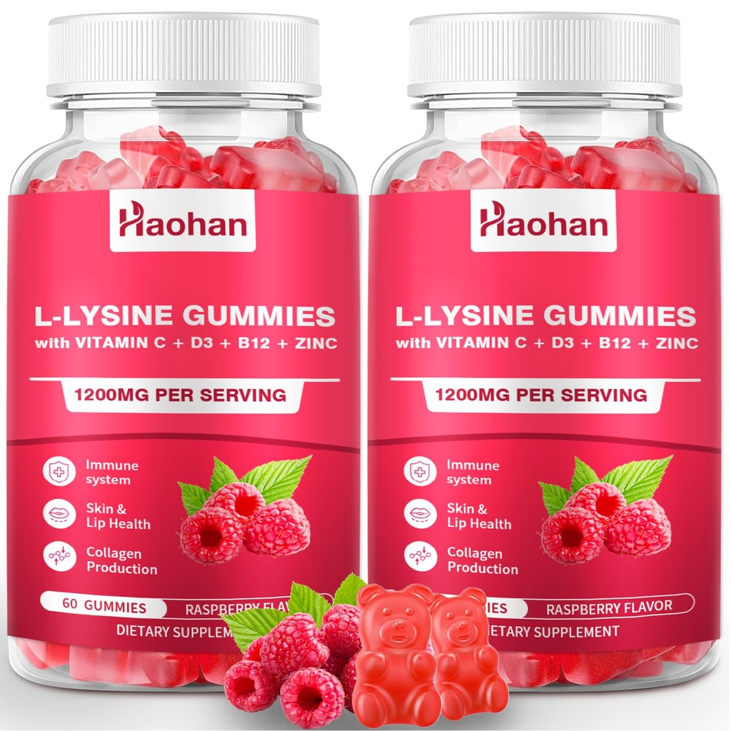 Haohan L-Lysine 1200mg Gummies for Immune Support & Skin Health - High Potency Vegan Gummies, Sugar-Free Raspberry Flavor for Adults & Kids - 120 Count