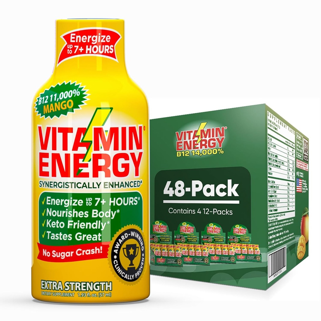 Vitamín Energy B12 11,000% Extra sila Energia Shot Mango 48 Balenie, 260 mg prírodný kofeín, B12 & B6, Nootropic Focus, Vitality, Zero Sugar, Gluten-free, Vegan, Kosher, 1,93 fl oz