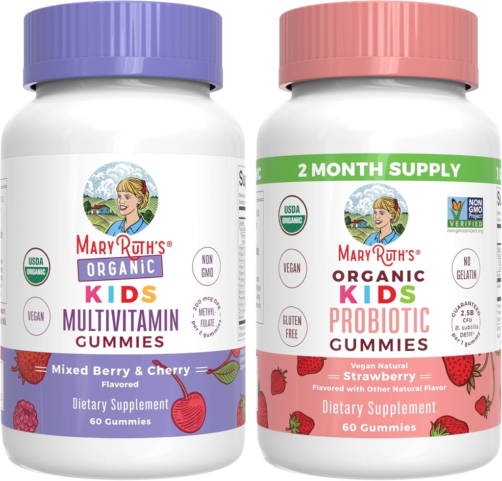 MaryRuth Organics Gummies for Kids–Multivitamin (Mixed Berry & Cherry), & Probiotic (Strawberry) | USDA Organic, No Gelatin! | Vitamins for Immunity, Gut Health, & Overall Wellness | Vegan, Non-GMO