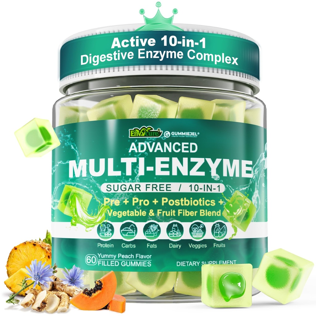 Tráviace enzýmy Gummy pre ženy a mužov, multi-enzýmy s 90Billion CFU Probiotiká a prebiotiká a postbiotiká, Rastlinné a ovocné vlákna Blend, Super Enzymes for Digestive & Gut Health,Immune,60Cts