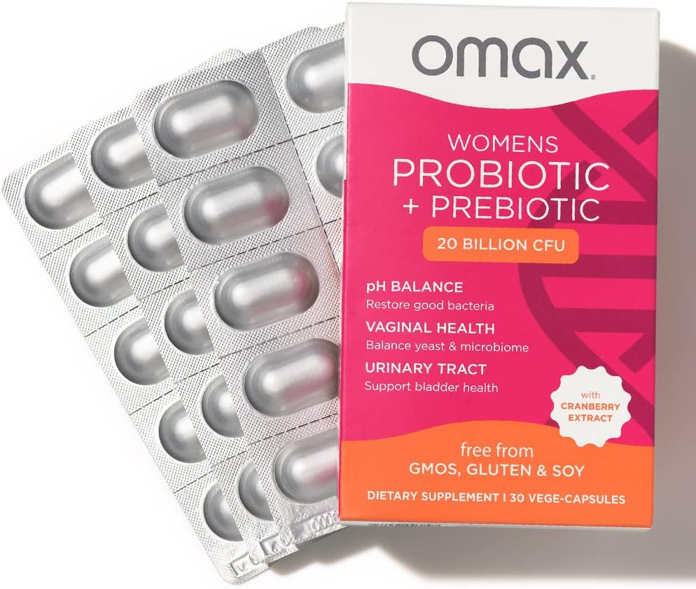 Omax Health Prebiotics and Probiotics Complex for Women, pH Balance, Vag Health, Urinary Tract, Kvasnica & BV Prevention, Lactobacillus & Bifidobacterium 