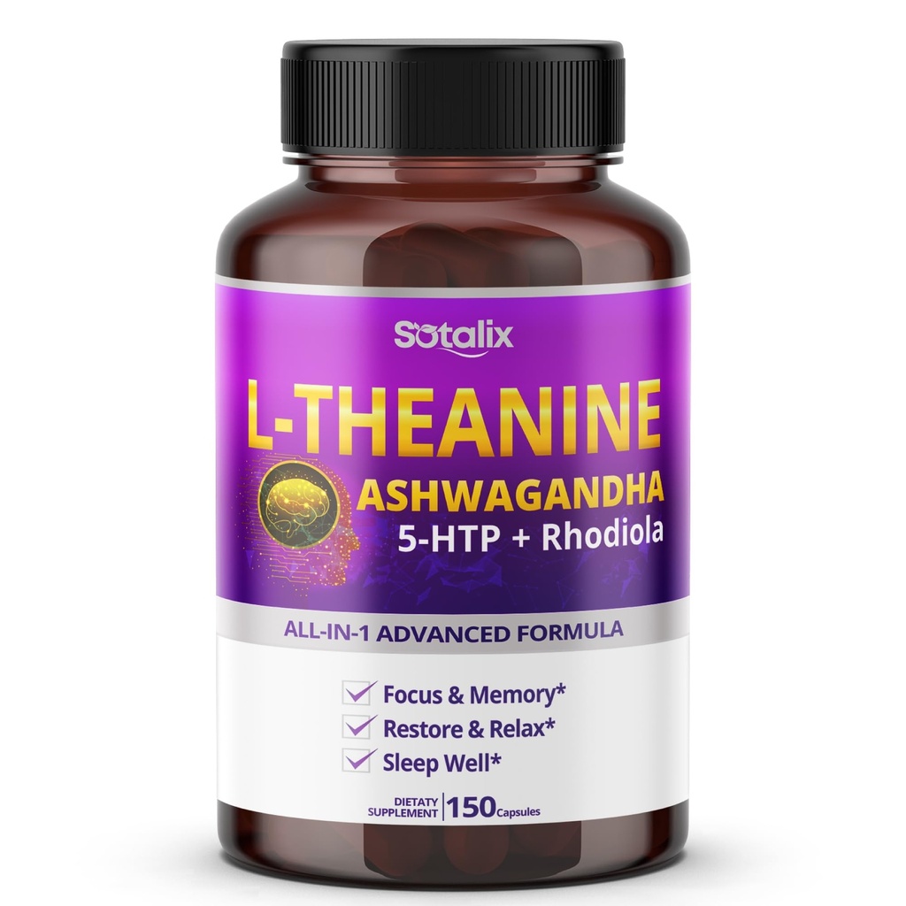 Sotalix L-Theanine Supplement with Ashwagandha 5-HTP + Rhodiola - Focus & Memory, Restore & Relax, Sleep Quality - USA Made & Tested (150 gróf 1)