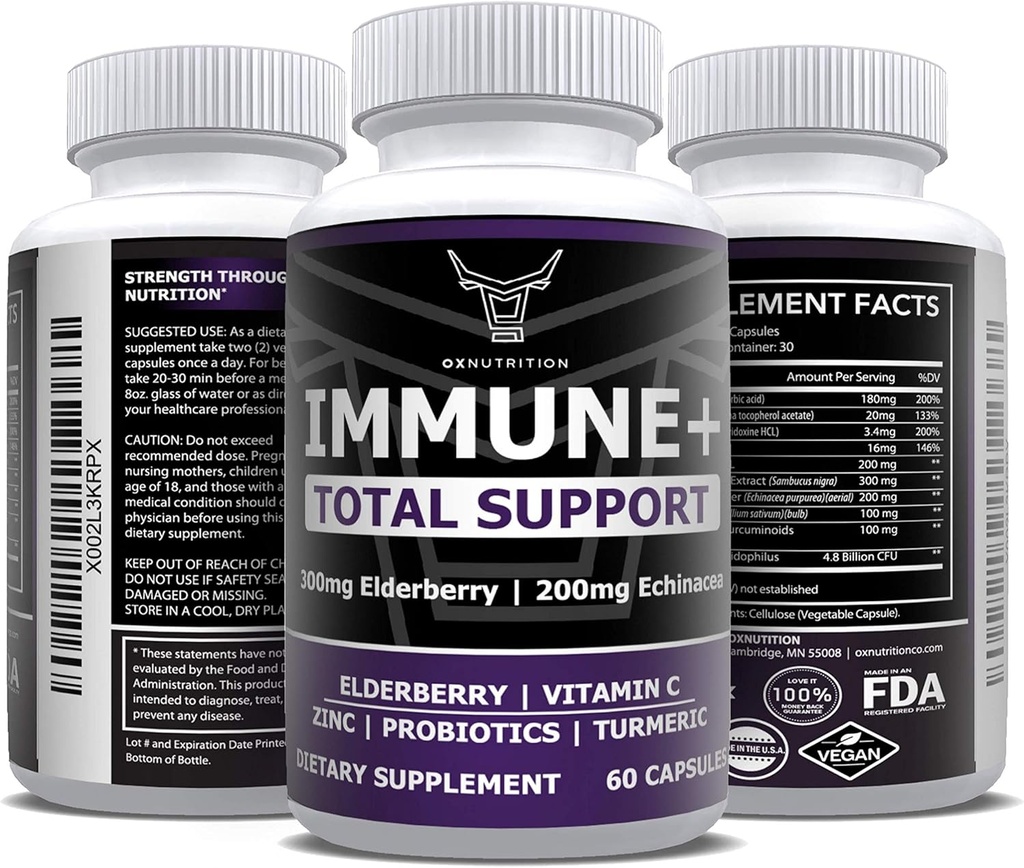 OX Nutrition 10 in 1 Elderberry, Vitamín C, Zinok, Vitamín E, Vitamín B6, Echinacea, Cesnak, Turmerica, L-Glutamine HCL & Lactobacillus Probiotiká & Antioxidants for Immune Defense 1 mesiac Dodávka