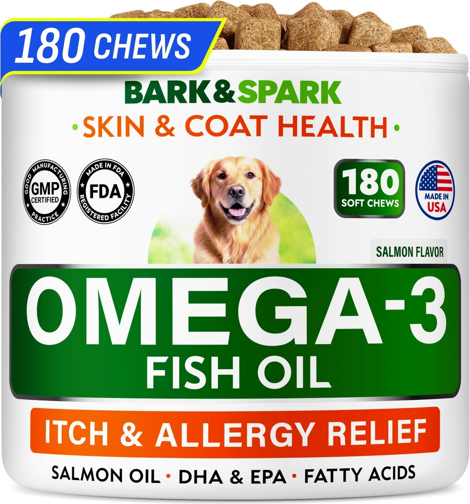 BARK&SPARK Omega 3 pre psy - 180 Fish Oil Treats for Pes Shedding, Kožné alergie, Svrbenie Relief, Hot Spots Liečba - Spoločné zdravie - Koža a kozí doplnok - EPA a DHA mastné kyseliny - lososový olej