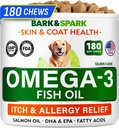 BARK&SPARK Omega 3 pre psy - 180 Fish Oil Treats for Pes Shedding, Kožné alergie, Svrbenie Relief, Hot Spots Liečba - Spoločné zdravie - Koža a kozí doplnok - EPA a DHA mastné kyseliny - lososový olej