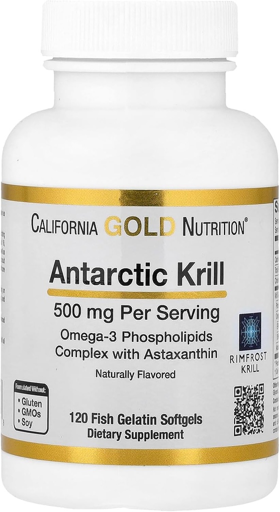 Kalifornia Gold Nutrition Antarktída Krill Oil, Ultra-High Omega-3 s astaxantínom, Prírodné Jahodové a citrónové arómy, Non GMO, Gluten Free, 500 mg, 120 Fish Želatína Softgels, 2 balenia
