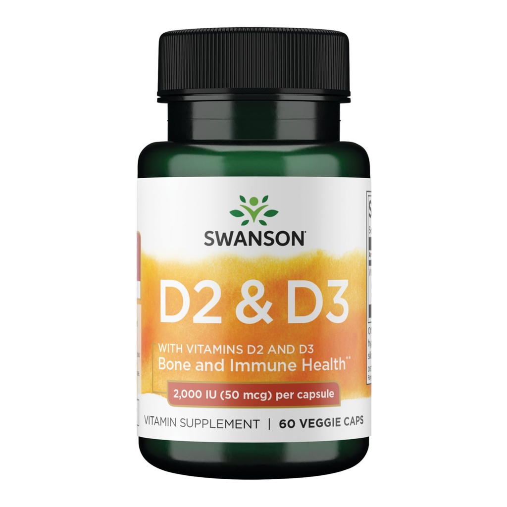 Swanson vitamín D komplex s vitamínmi D2 a D3 - Kompletný slnečný vitamínový komplex pre kosti, zubolekárske a imunitné zdravie - vitamínové doplnky (50 μg, 60 Veggie Kapsule)