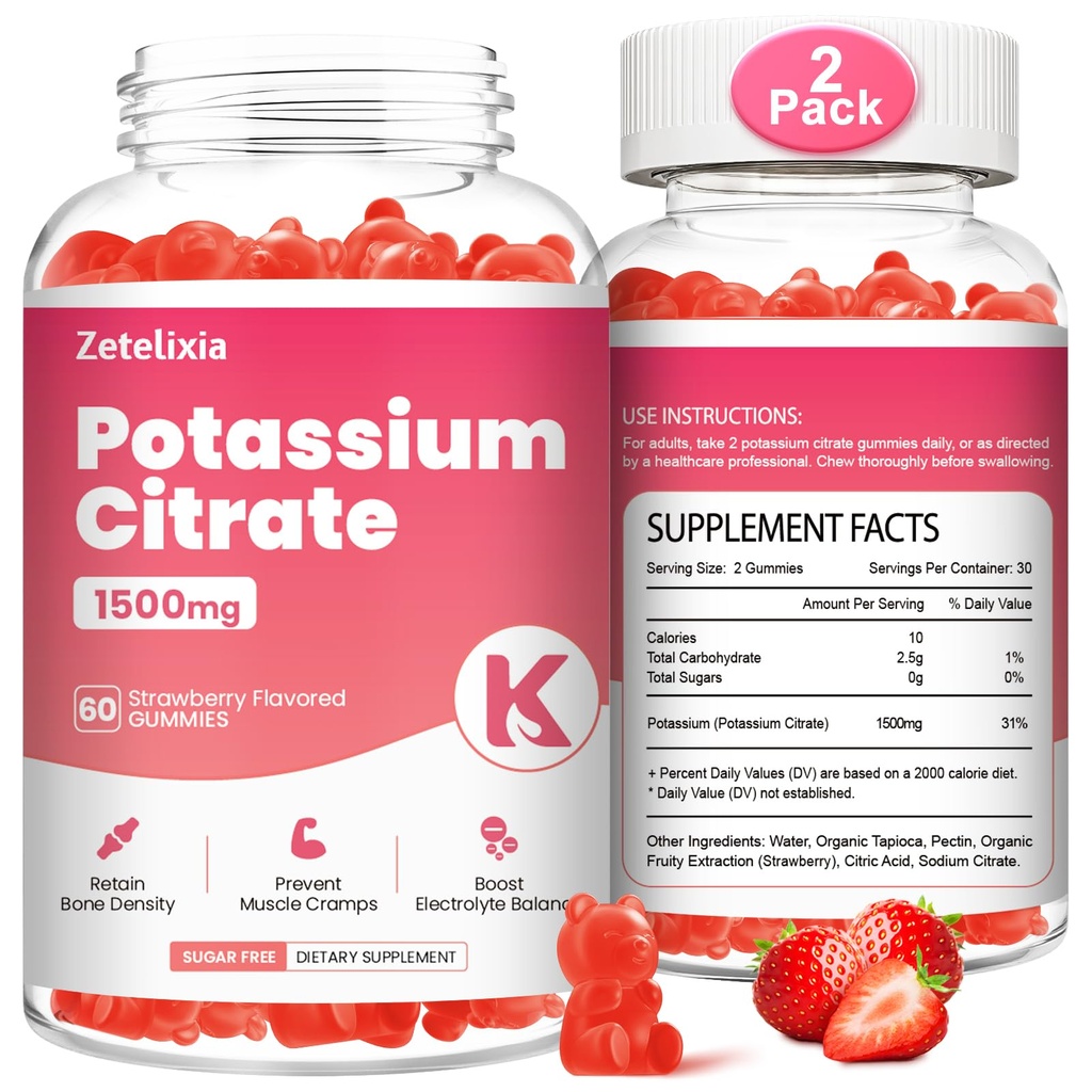 2 balenie Draslík Gumies pre dospelých Ženy a mužov, Dusičnan draselný doplnok, Podpora nohy Cramps, zdravie svalov a elektrolytov, bez cukru, Organické, Vegan, Strawberry, 120 Cts