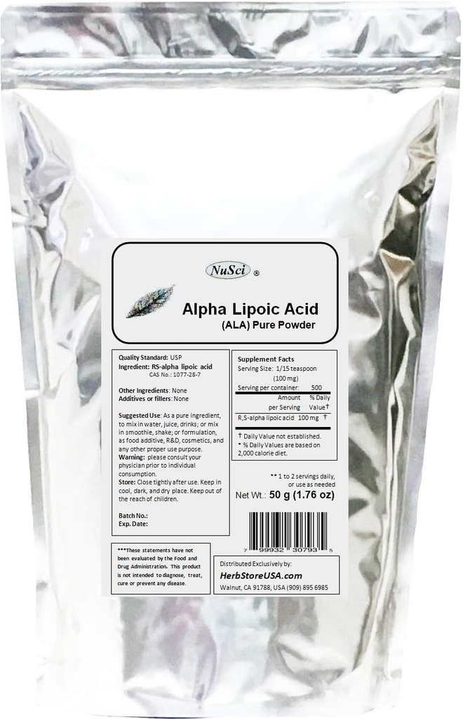 Pure ALA RS- Alpha Kyselina lipová prášok (50 gramov (1,76 oz))