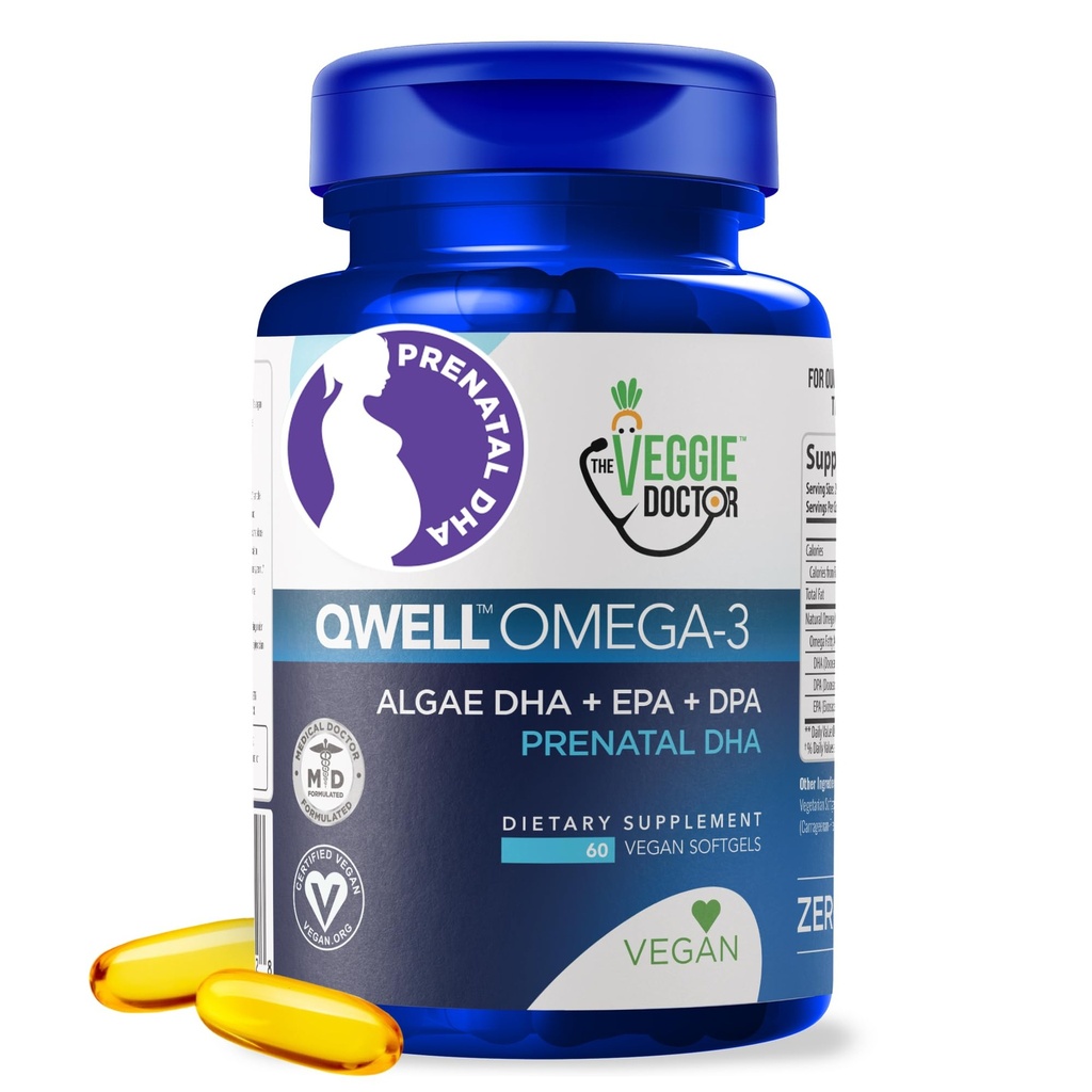 Vegánske prenatálne vitamíny s DHA (60 gróf) Omega-3 - Qwell Better Than Fish Oil, Mozog Funkcia - 820 Mg Algae DHA & EPA, Vegánske prenatálne vitamíny s vitamínom E, karagén-free