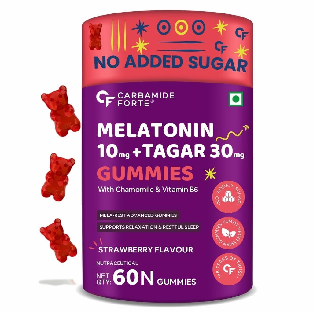 Carbamide Forte Melatonin 10 mg sleep Gummies - with TAGARA, L Tryptophan & Vitamin B6 | Sleep Supplements – 60 Veg Gummies