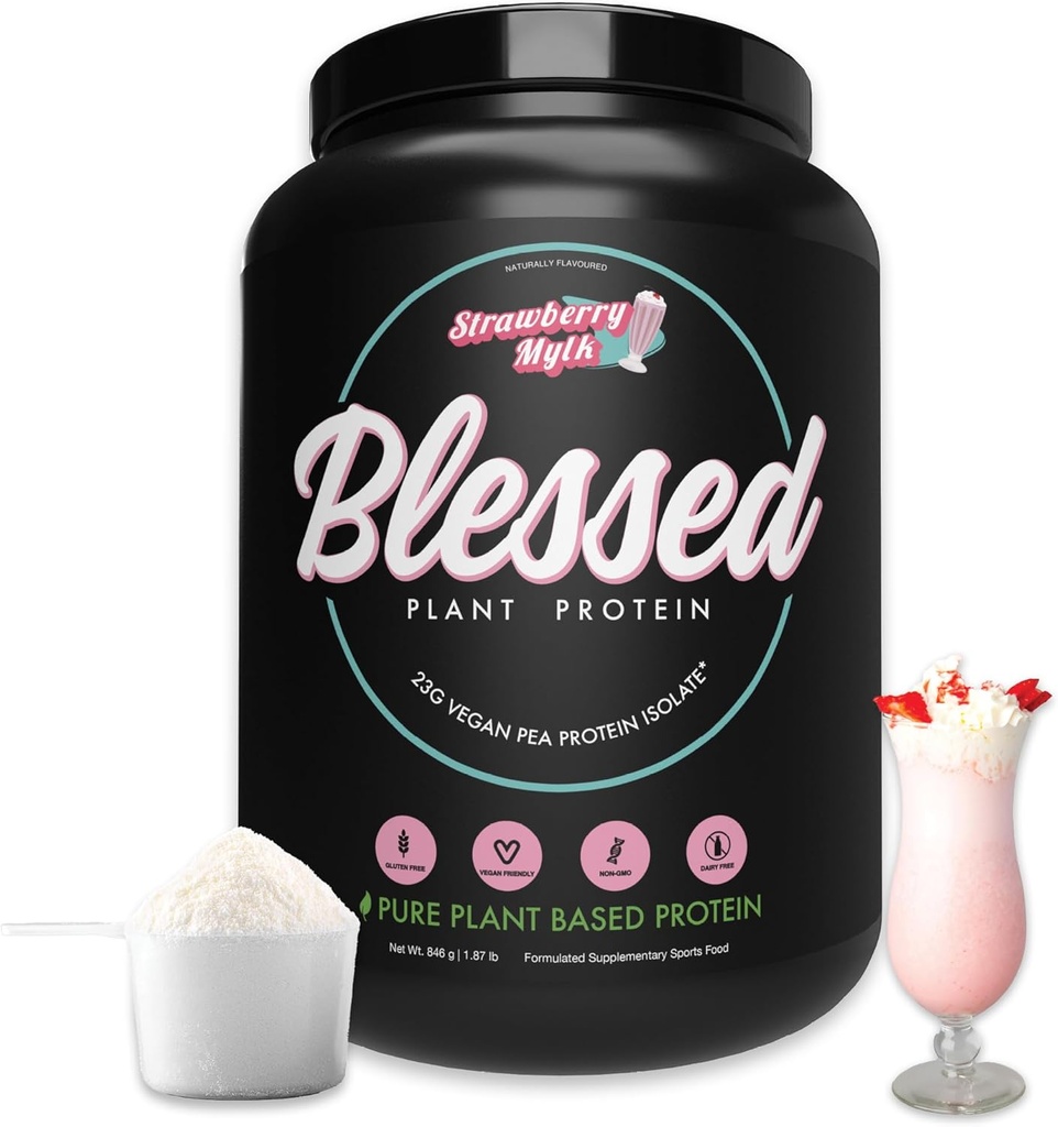 Požehnaný vegánsky proteínový prášok - Plant Based Protein Powder Jedlo Replacement Protein Shake, 23g Pea Protein Powder, Dairy Free, Gluten Free, Soy Free, No Sugar Pridané, 30 Servings (Jahoda Mylk)