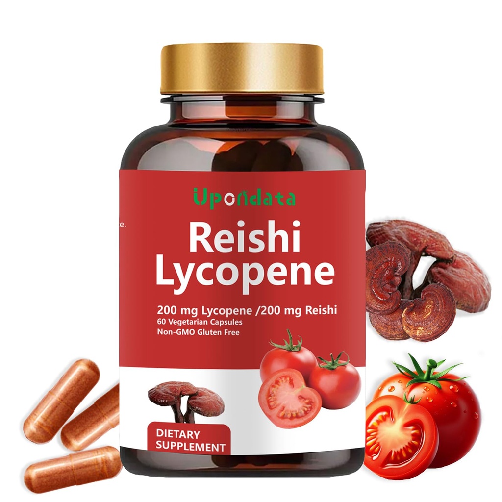 Lykopén Kapsule - Lykopén Supplement 200 mg with Reishi Mushroom 200 mg, Natural Tomato Extract Mushrom Capsulas od Immune Support - Gluten-Free, Non-GMO
