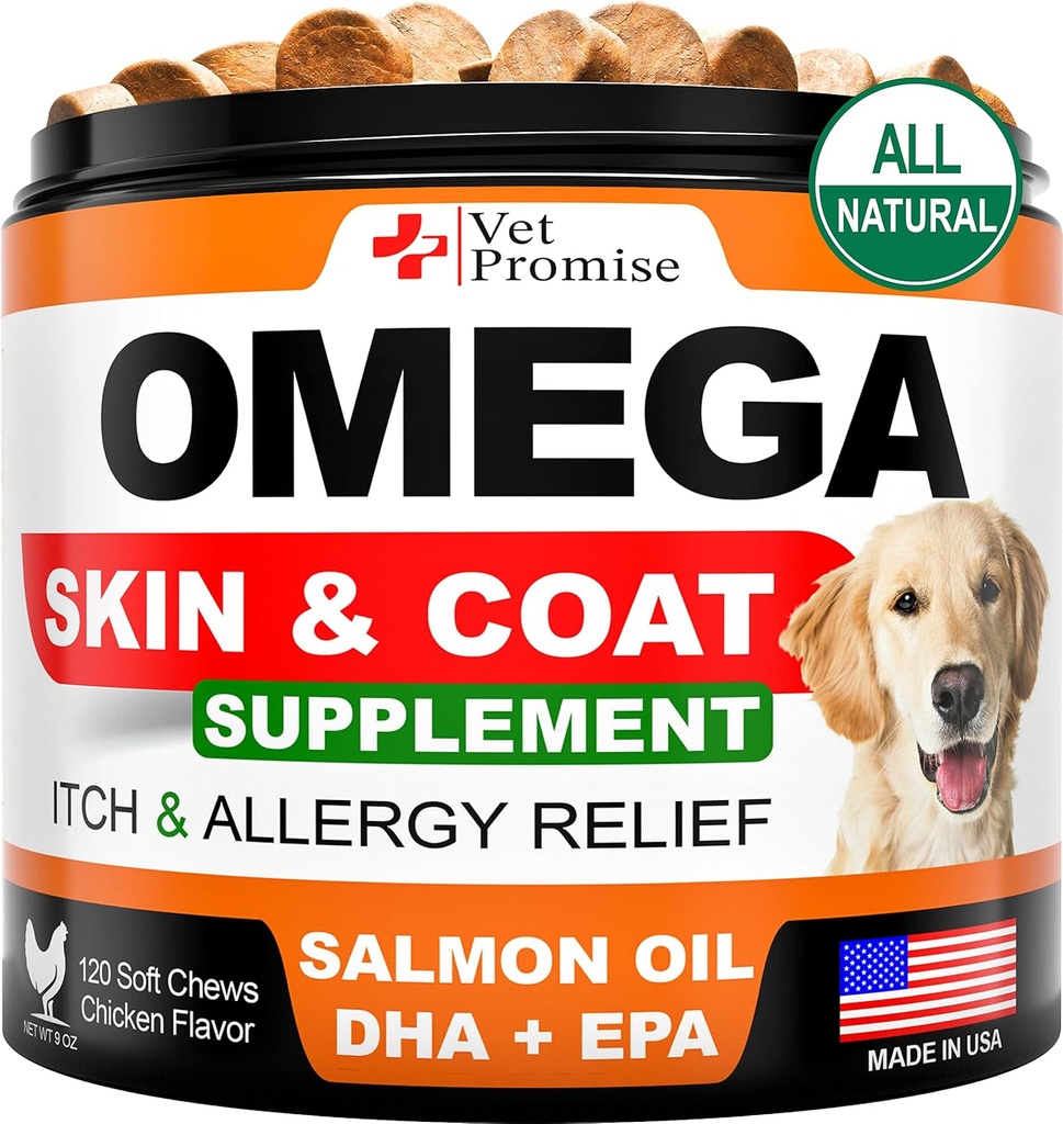 Omega 3 pre psy - Skin and Coat Supplement - Rybí olej pre psy Žuvačky - Alergia a svrbenie Relief - Anti Shedding Supplement - Suchá pleť liečba - Salmonový olej - Made in USA - 120 Soft Treats