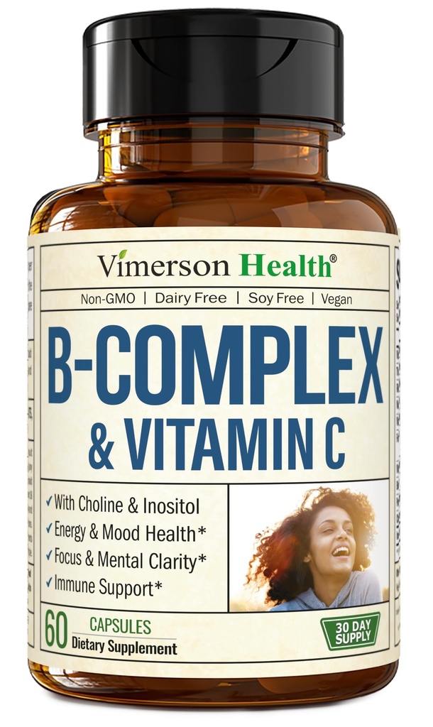 Vitamín B komplex s VIT C a kyselinou listovou (Folát) - 8 Vitamíny s vysokou potenciou B: B1, B2, B3, B5, B6, B7, vitamín B12 + biotín, cholín a inozitol. Aids Mood, Energy, Nervový systém a Imunitná podpora