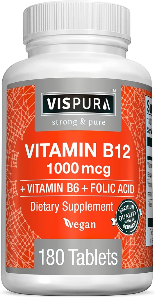 VIPURA Vitamín B12 1000 μg Metylkobalamín + B6/Folická kyselina, 180 Vegan Tablety, Najlepšie doplnok k zvýšeniu energie, zvýšiť náladu, Sharpen Focus*, Organické doplnok