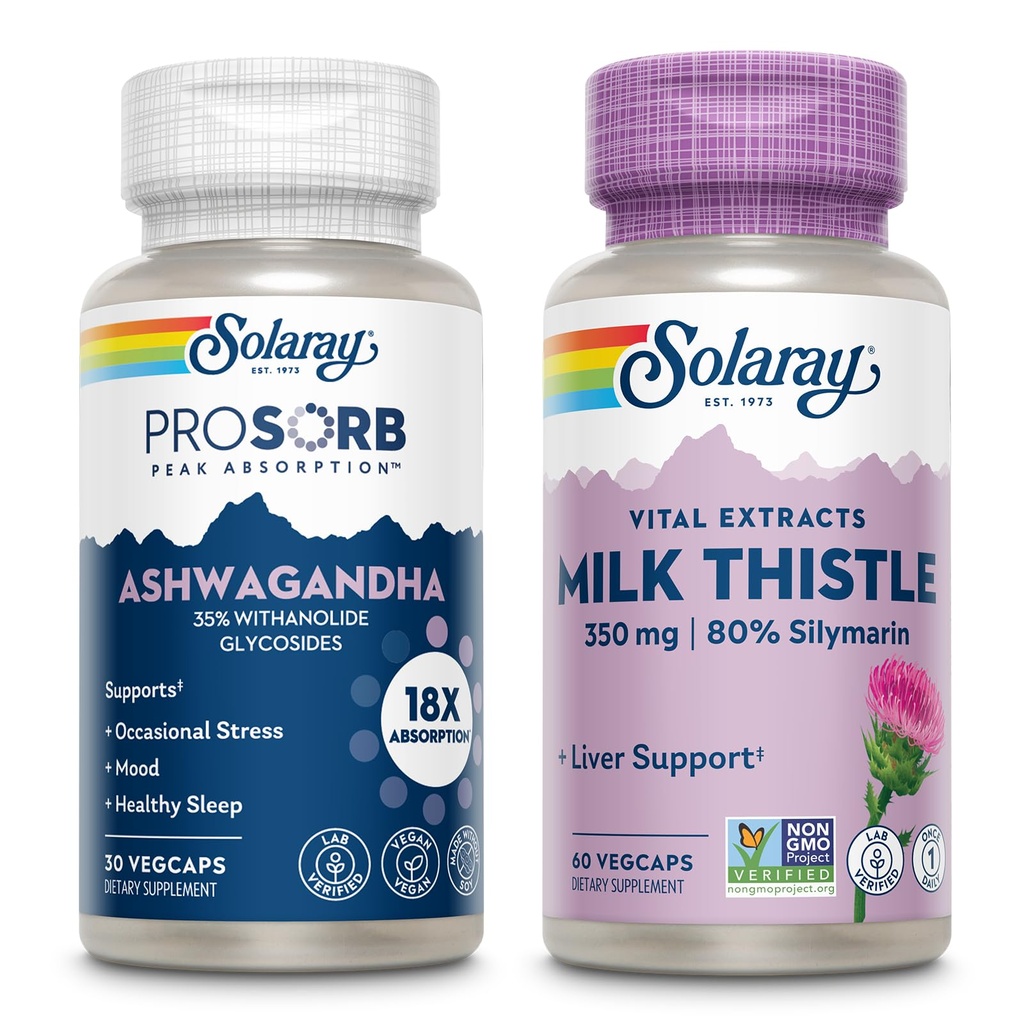 SOLARAY Ashwagandha and Milk Thistle Supplement Bundle, 18X Absorbcia Ashwagandha Kapsule od Mood Support Plus Milk Thistle Extract, Vegan, 60-dňová záruka, 30ct/60ct
