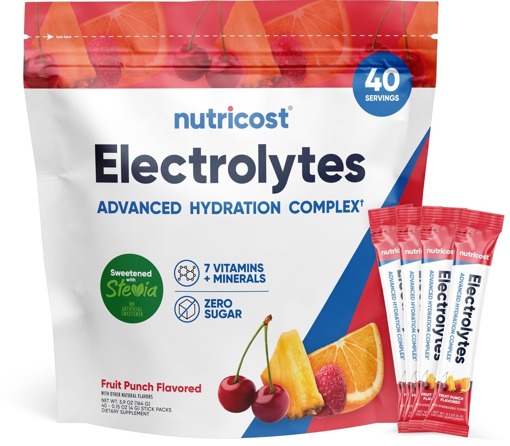 Nutricost Electrolytes Complex, Fruit Punch Ochutené, 40 Stickpacks - Advanced Hydration Complex