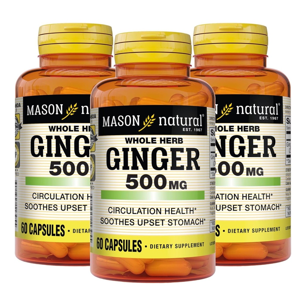 MASON NATURAL whole Herb Ginger 500 mg, 6 mesiacov dodávky, prírodné bylinné doplnky, 60 kapsúl (3 balenia)