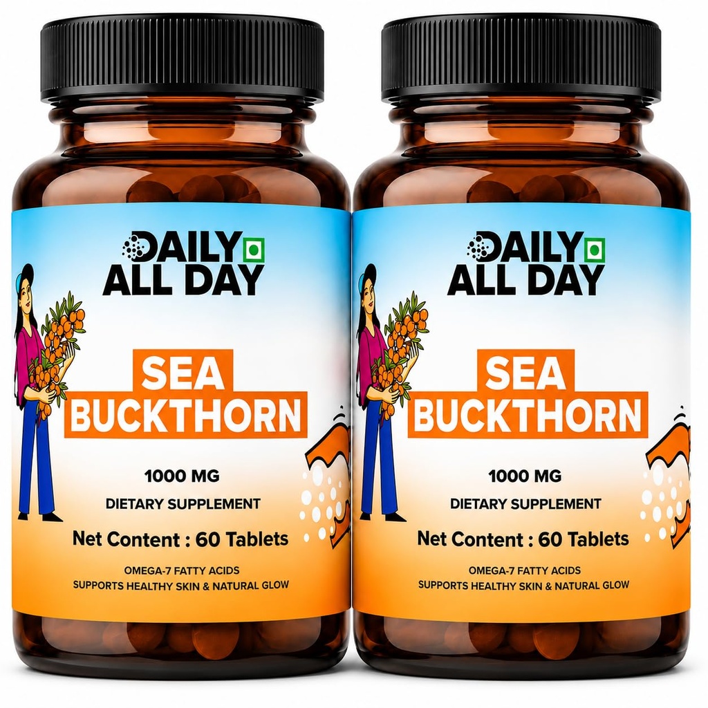 Sea Buckthorn 1000mg Himalayan Seabuckthorn Berry Extract Omega 7 3 6 9 Fatty Acids Antioxidant Supplement for Skin & Immunity 120 Veg Tablets (Pack of 2 — 60-Day Supply)