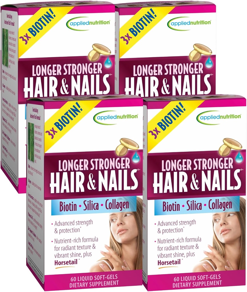Aplikovaná výživa Dlhšie silnejšie vlasy a nechty - 60 Liquid Soft-Gels, Balenie 4 - Biotin, Silica a kolagén - 120 Servisov