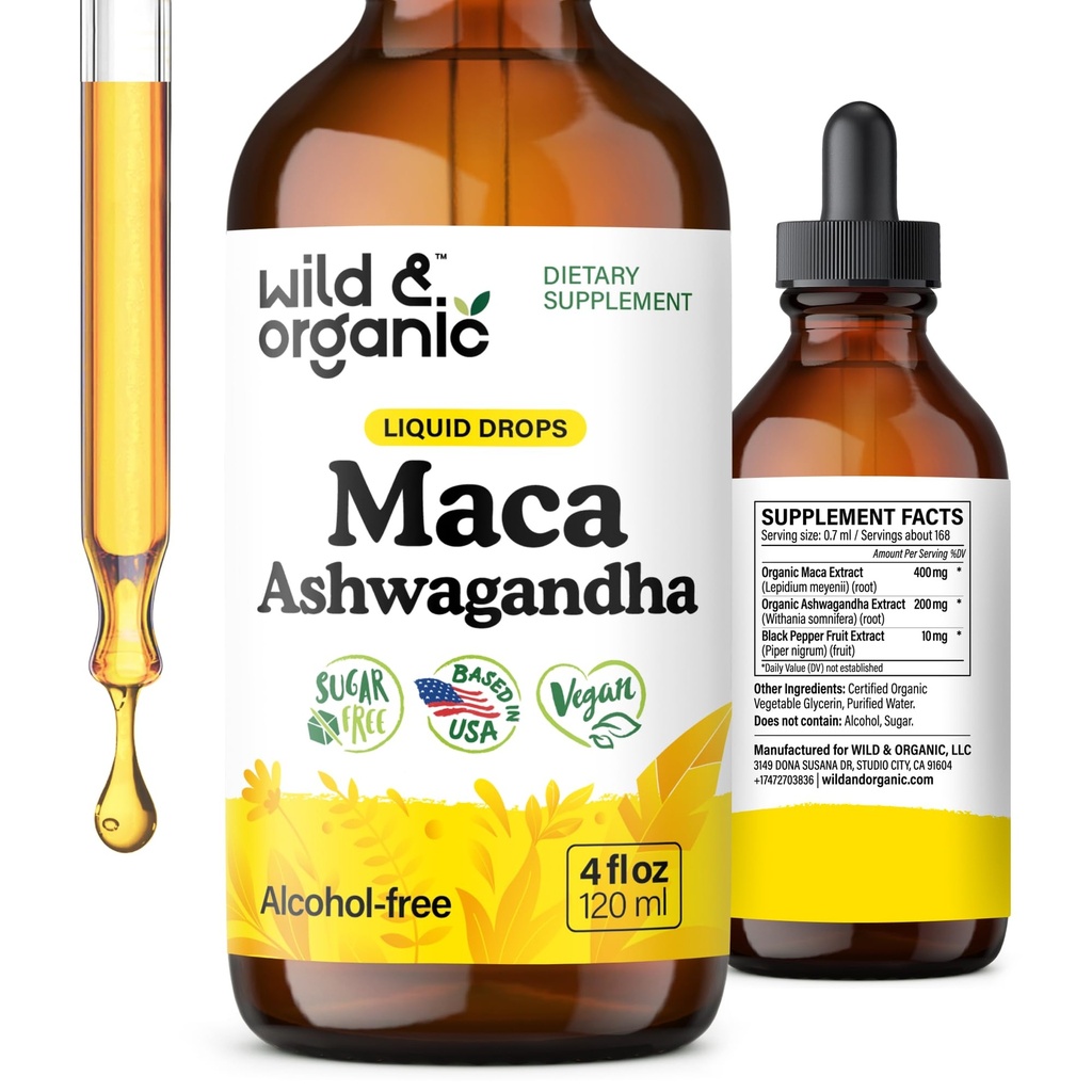 Wild & Organic Maca Root Ashwagandha kvapky pre mužov a ženy - Liquid Maca Ashwagandha doplnok pre celkovú podporu - peruánsky extrakt Tinktúra - Vegan, cukor a alkohol - 4 fl oz