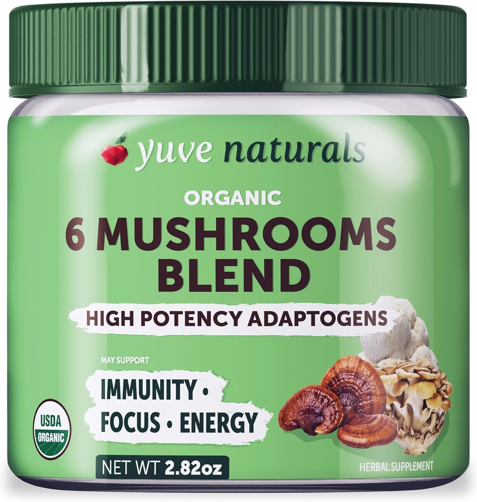 Yuve 6 Organic Mushrom Extract Powder - Magic Blend of Reishi, Chaga, Lions Maine, Maitake, Cordyceps - Pridať do čaju, Káva, Smoothies - Energetická podpora a imunitná obrana - 2.82oz