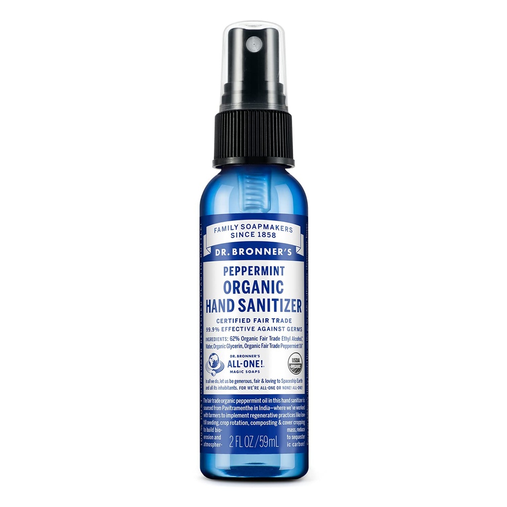Dr. Bronner's - Organické Sanitizer Spray (Peppermint, 2 unca) - Jednoduché a efektívne vzorec, Čistí a sanituje, žiadne škodlivé chemikálie, hydratuje a čistí ruky