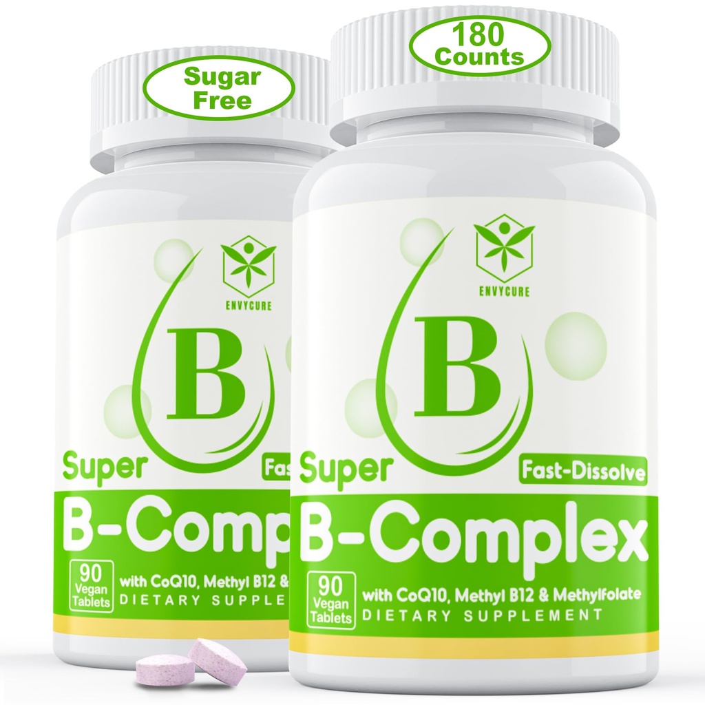 Bezcukrový vitamín B komplex s metylom B12, metylfolátom, B6, B1, B2, B3, rýchle rozpustenie vysoko biologicky dostupný metylovaný B komplex doplnok pre energetické hladiny, neurónový systém, Vegan 180 tabliet